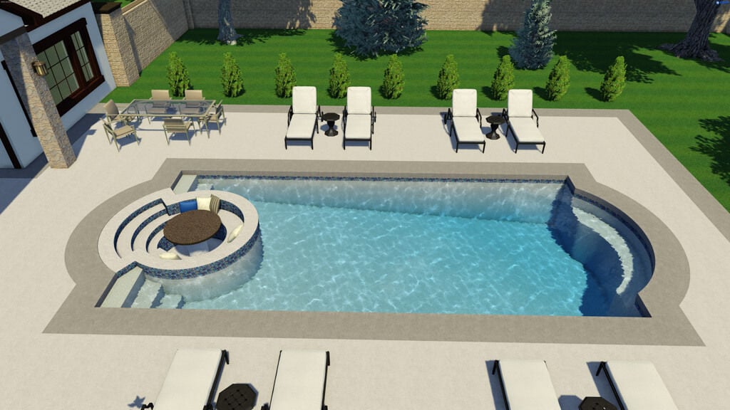 Aerial 3D architectural rendering of a rectangular fiberglass pool featuring an integrated sunken living room lounge with a round table, curved bench seating, light patio decking, lounge chairs, and outdoor grill.