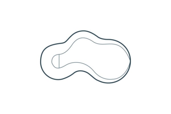 Top-down schematic diagram of a Hump Back Coral freeform steel wall vinyl liner pool showing a bump-out arch back wall, shallow-end step alcove, and floor transition slope.