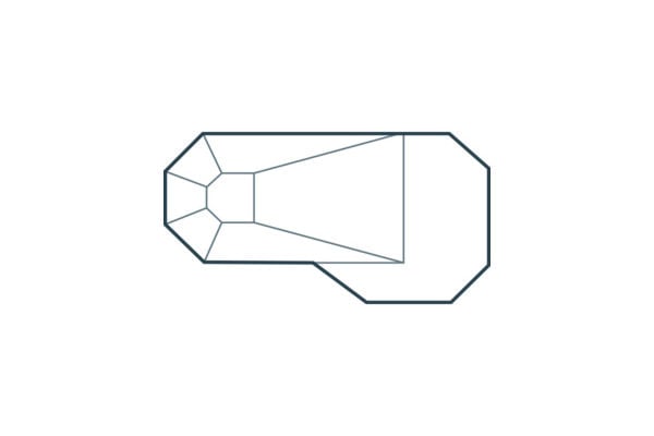 Top-down schematic diagram of a Monarch steel wall vinyl liner pool featuring an angled Grecian-style shallow end that transitions into an expanded, offset deep end with floor slope lines leading to a deep hopper.