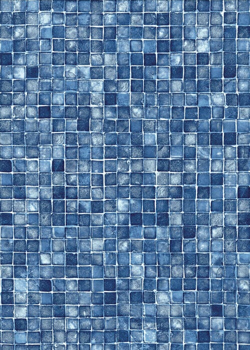 Close-up view of a vinyl pool liner pattern featuring a grid of small, square mosaic tiles in varying shades of ocean blue, cobalt, and light blue with realistic grout lines.