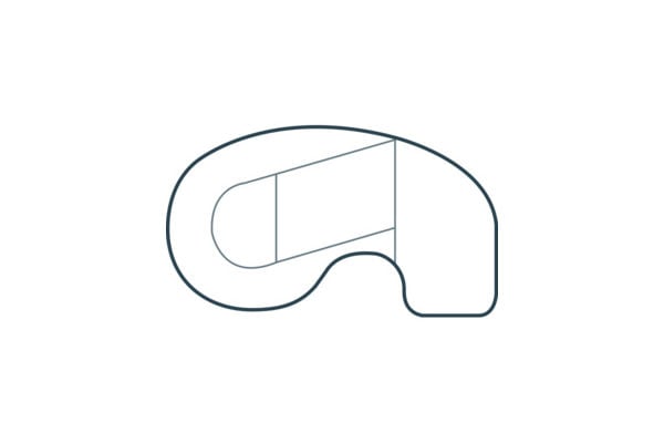 Top-down schematic diagram of an Orbit steel wall vinyl liner pool featuring a rounded freeform body that curves into an extended side step area, with a shallow-end entry alcove and floor transition slope lines.