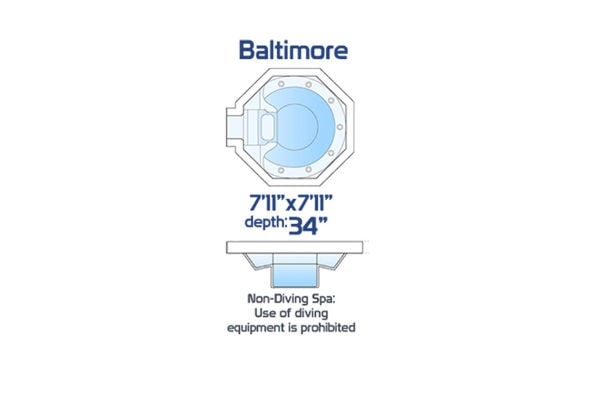 Baltimore non-diving fiberglass spa measuring 7'11" x 7'11" with a 34-inch depth, shown with an octagonal seating layout and side profile.