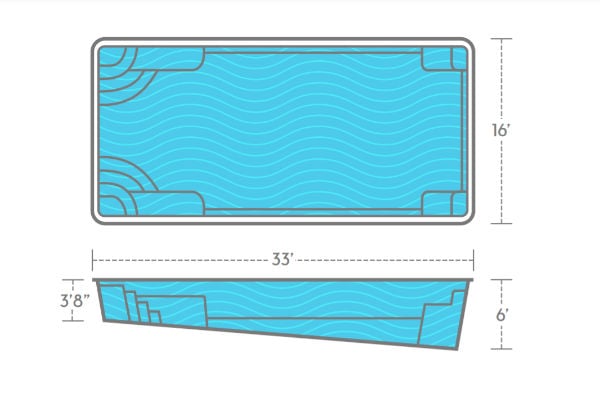 Top and side view of a rectangular swimming pool design with dimensions labeled.