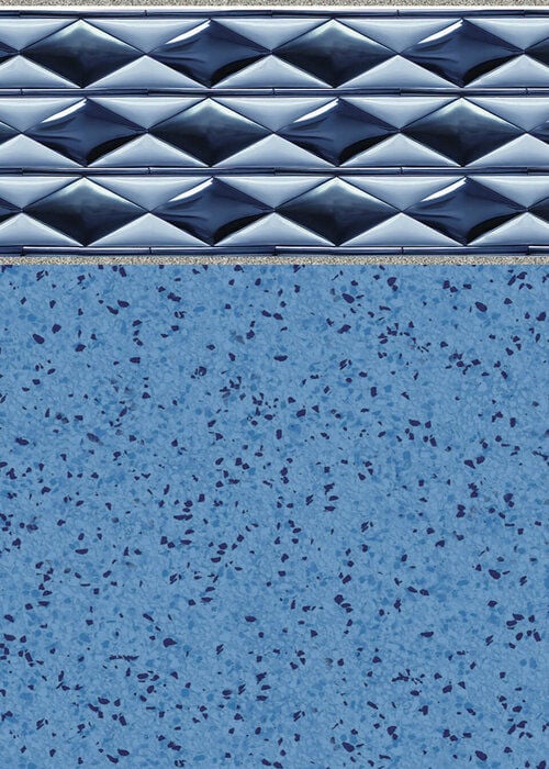 Close-up view of a vinyl pool liner pattern featuring a border of three rows of metallic dark blue and silver dimensional diamond tiles, set above a light blue terrazzo-style floor with fine blue speckles.