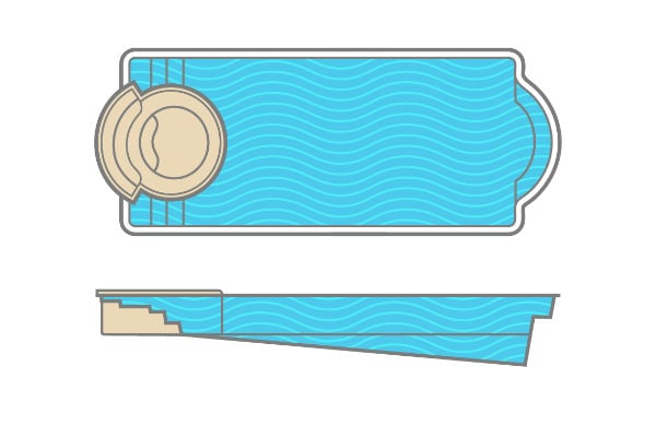 Architectural design schematic and side elevation profile of the Thursday Pools Cortona rectangular fiberglass pool with a built-in sunken living room feature, measuring 16 feet wide by 40 feet long with a 6-foot maximum depth and beach feature entry.