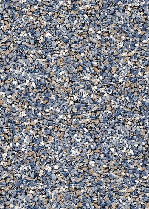 Close-up view of a vinyl pool liner pattern featuring a dense aggregate of fine crushed stone chips in slate blue, beige, and white tones.