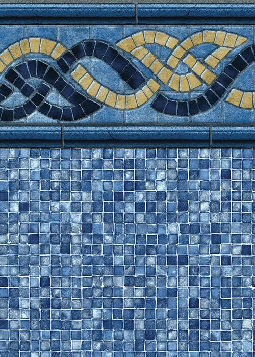 Close-up view of a vinyl pool liner pattern featuring a border with interlocking dark blue and gold braided mosaic tile ribbons along the top, above a wall of small, textured blue mosaic tiles.