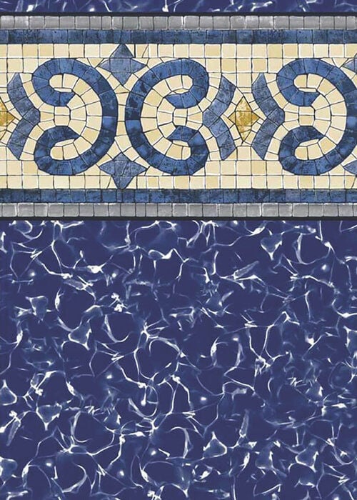 Close-up view of a vinyl pool liner pattern featuring a Roman-style mosaic tile border with blue scrollwork and yellow accents on a cream background, above a deep navy blue floor with white water-reflection highlights.