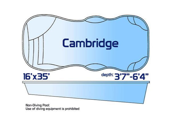 Cambridge non-diving fiberglass natural-style pool measuring 16' x 35' with a depth ranging from 3'7" to 6'4", shown with a top-down layout and side profile.