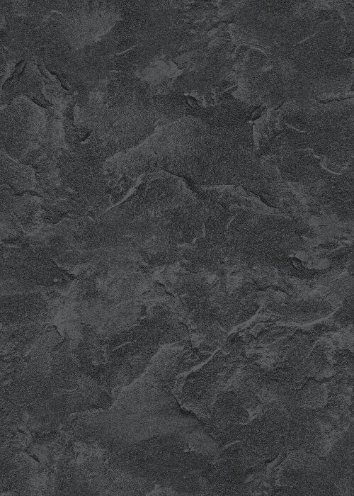 Close-up view of a vinyl pool liner pattern featuring a textured, dark slate stone finish in deep charcoal and graphite tones.