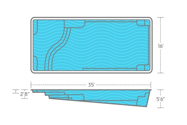 Architectural design schematic and side elevation profile of a rectangular fiberglass pool shell measuring 16 feet wide by 35 feet long with a depth ranging from 2 feet 8 inches to 5 feet 6 inches.