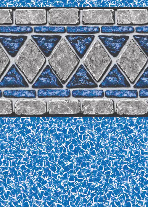 Close-up view of a vinyl pool liner pattern featuring a border with stone-textured grey brick and diamond tiles accented by blue triangles, set above a bright sapphire blue water-reflection floor design.