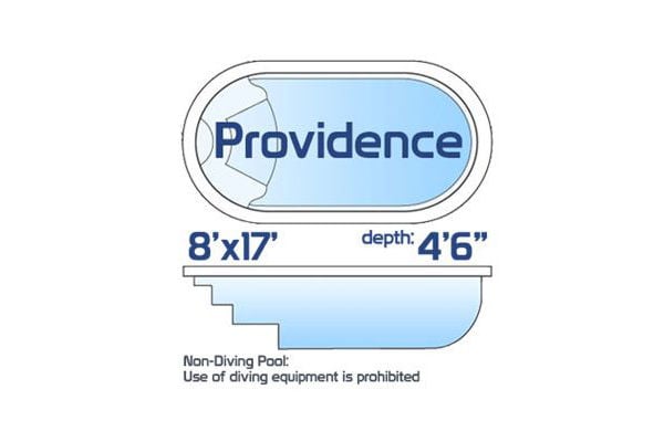 Providence non-diving fiberglass classic pool measuring 8' x 17' with a depth of 4'6", shown with a top-down layout and side profile.