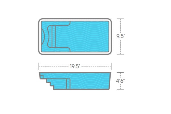 Top-down and side cross-section schematic diagram of the Thursday Pools Sea Turtle rectangular fiberglass pool featuring entry steps, bench seating, and a 9.5' x 19.5' footprint with a 4'6" flat depth profile.