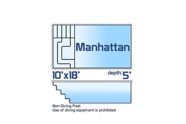 Manhattan non-diving fiberglass rectangular pool measuring 10' x 18' with a 5-foot depth, shown with a top-down layout featuring built-in entry steps and a side profile.