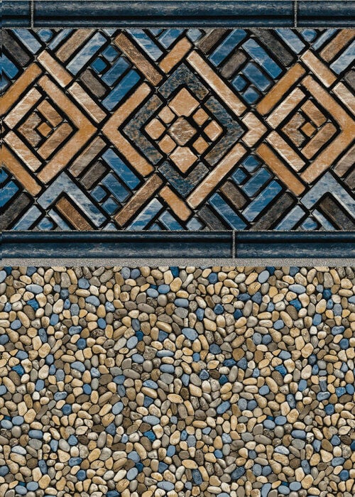 Close-up view of a vinyl pool liner pattern featuring an intricate woven geometric tile border in earth tones and blue, set above a floor of smooth, rounded river pebbles in tan, grey, and blue hues.
