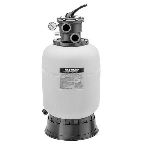 Studio product view of a Hayward Pro Series top-mount pool sand filter featuring a light grey tank, top control valve with lever, pressure gauge, and sturdy black pedestal base.