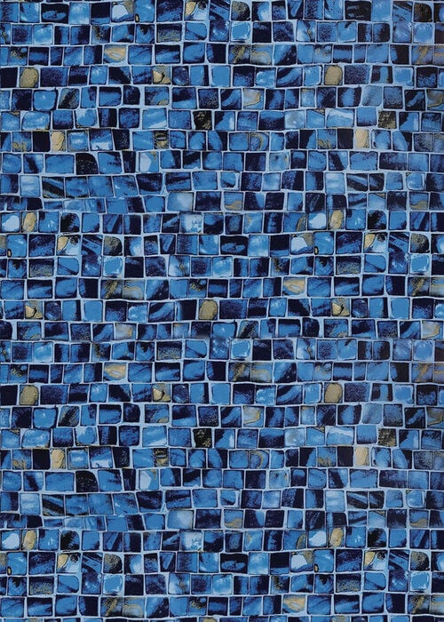 Close-up view of a vinyl pool liner pattern featuring small, staggered mosaic tiles in rich shades of royal blue, navy, sky blue, and subtle gold accents with dark grout lines.