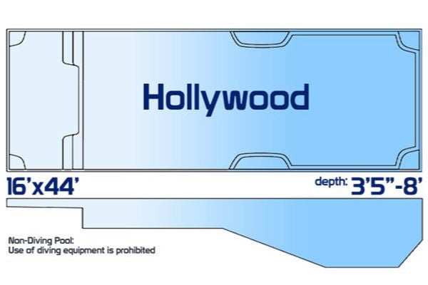 Hollywood non-diving fiberglass rectangular pool measuring 18' x 44' with a depth ranging from 3'5" to 8', shown with a top-down layout and side profile.