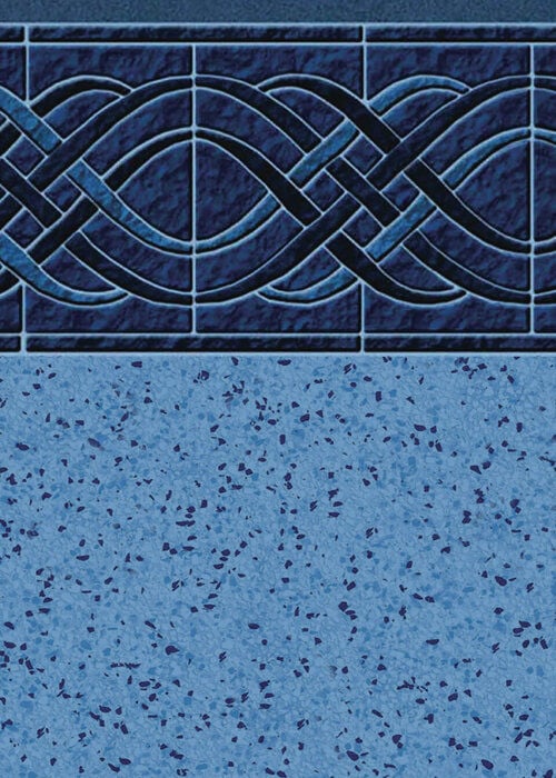 Close-up view of a vinyl pool liner pattern featuring a border of interlocking braided ribbons on deep blue stone tiles, set above a light blue terrazzo-style floor with navy speckles.