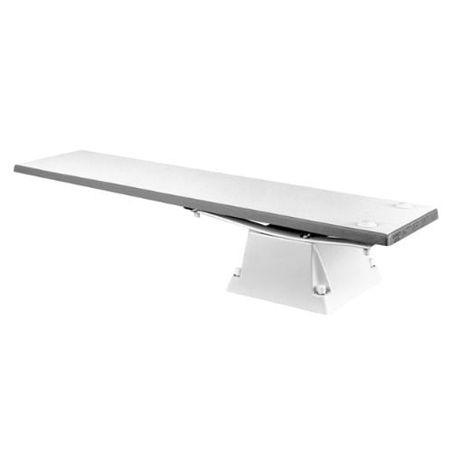 Studio product view of a white S.R. Smith residential diving board mounted on a matching white cantilever stand with mounting hardware visible.