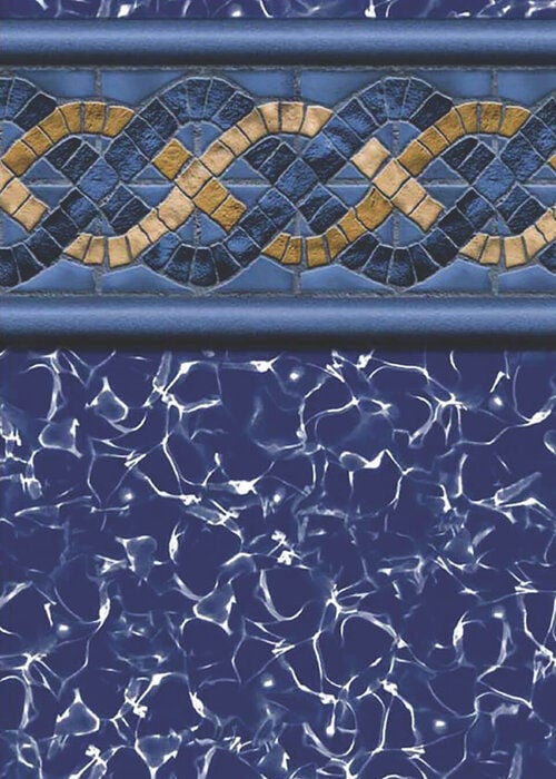 Close-up view of a vinyl pool liner pattern featuring a border of interlocking mosaic waves in gold and dark navy blue, set above a deep navy floor with white water-reflection caustics.