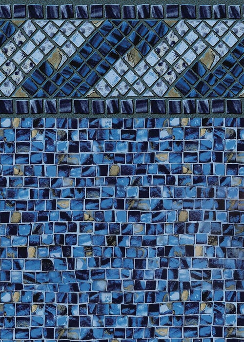 Close-up view of a vinyl pool liner pattern featuring a border with a geometric diamond mosaic tile design along the top, set above a wall of mixed dark and light blue square mosaic tiles with subtle gold accents.