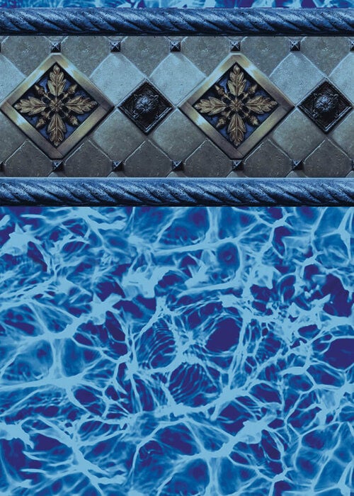 Close-up view of a vinyl pool liner pattern featuring a border with bronze and gold floral diamond crests on a grey stone tile background framed by rope molding, above a floor of vibrant, swirling blue water reflections.