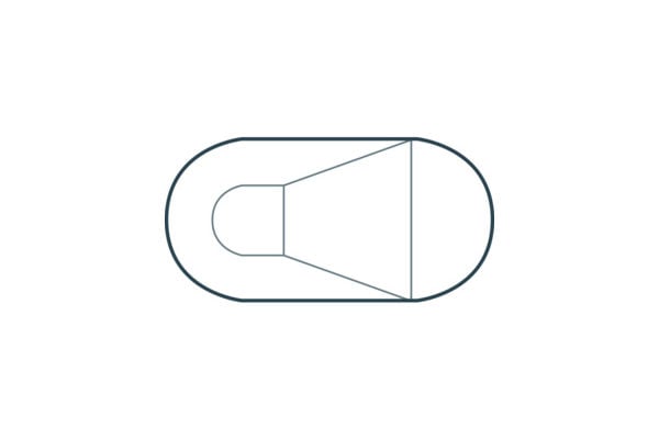 Top-down schematic diagram of a classic Oval steel wall vinyl liner pool featuring straight side walls with fully rounded end caps, an integrated shallow-end entry alcove, and floor slope lines leading to a deep hopper.