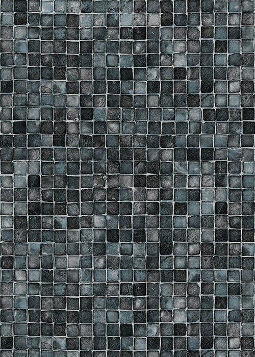 Close-up view of a vinyl pool liner pattern featuring a border with a chevron or herringbone tile arrangement of slate grey and teal blue bricks accented by decorative silver square medallions, set above a wall of dark grey and charcoal square mosaic tiles