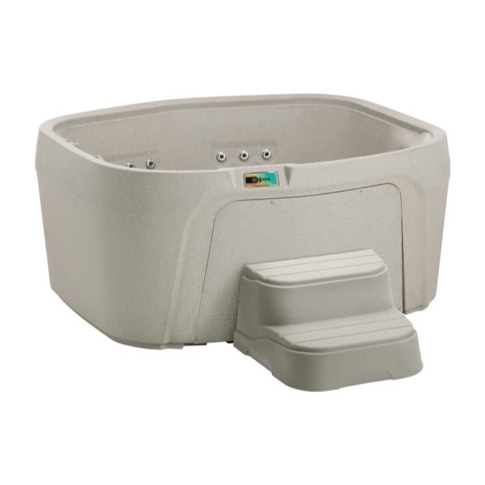 Studio view of a Sand-colored Fantasy Spas Drift hot tub equipped with a digital control panel and matching two-tier access steps.