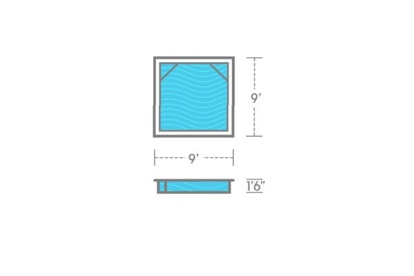 9' x 9' non-diving fiberglass wading pool with an 18-inch uniform depth, ideal for young children and backyard splash play.