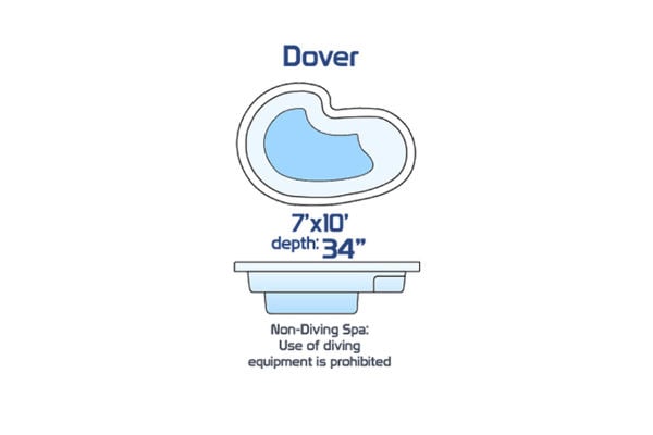 Dover non-diving fiberglass spa measuring 7' x 10' with a 34-inch depth, shown with a freeform seating layout and side profile.