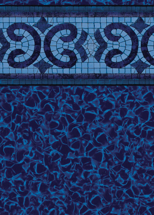 Close-up view of a vinyl pool liner pattern featuring a border with interlocking stone-like braided ribbons in dark slate blue, set above a floor pattern of swirling, deep indigo water reflections.