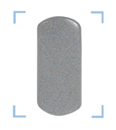 Close-up view of a medium grey color swatch featuring fine blue and silver speckled flecks throughout, framed by light-blue crop marks.