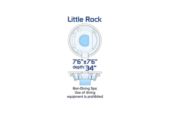 Little Rock non-diving fiberglass spa measuring 7'6" x 7'6" with a 34-inch depth, shown with a circular seating layout and side profile.