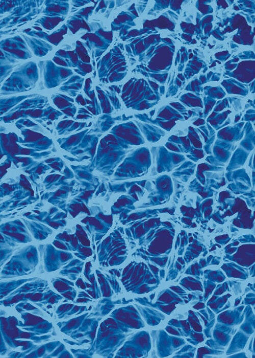 Close-up view of a vinyl pool liner pattern featuring a vibrant ocean blue background filled with swirling light-blue water reflection caustics and wave ripple highlights.