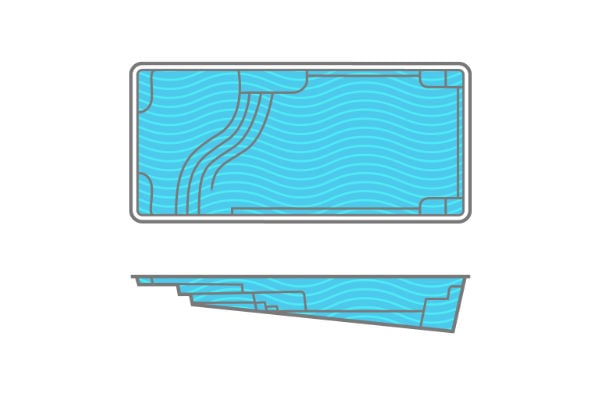Architectural design schematic and side elevation profile of a rectangular fiberglass pool shell measuring 14 feet by 30 feet with a depth of 5 feet 6 inches.