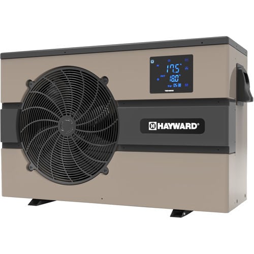 Studio product view of a tan and black Hayward electric pool heat pump featuring a circular front fan grille and a digital control display screen.