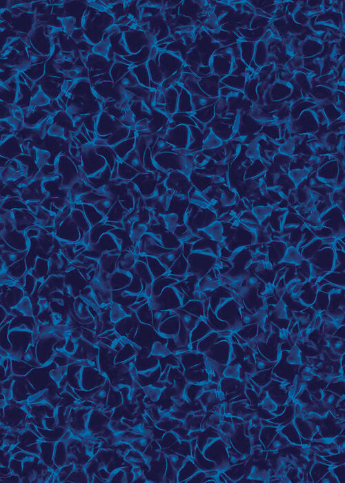 Close-up view of a vinyl pool liner pattern featuring a rich, dark indigo and electric blue water-reflection pattern with swirling, liquid-like textures.