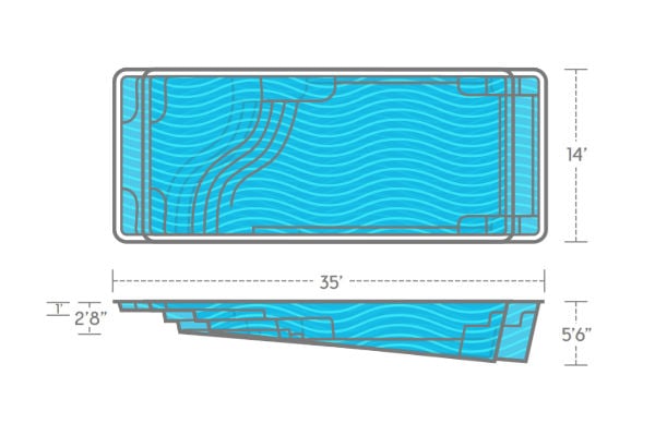 Architectural design schematic and side elevation profile of a rectangular fiberglass pool shell measuring 14 feet wide by 35 feet long with a depth ranging from 2 feet 8 inches to 5 feet 6 inches.
