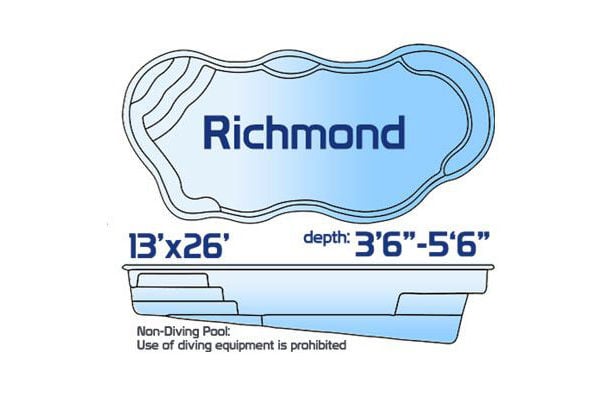 Richmond non-diving fiberglass natural-style pool measuring 13' x 26' with a depth ranging from 3'6" to 5'6", shown with a top-down layout and side profile.