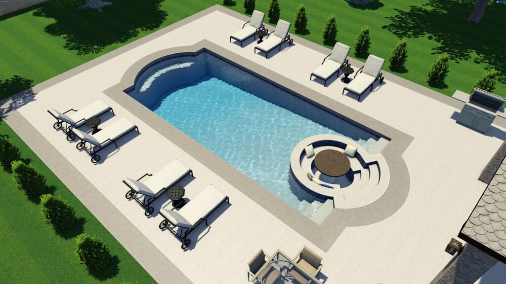 Eye-level view of a large rectangular blue fiberglass swimming pool featuring a custom round artificial turf putting green built into the specialized pool extension, with a couple playing mini-golf beside the water.