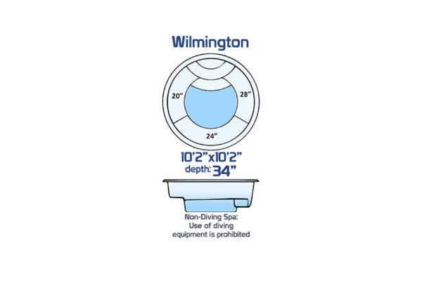Wilmington non-diving fiberglass spa measuring 10'2" x 10'2" with a 34-inch depth, shown with a circular seating layout and side profile.