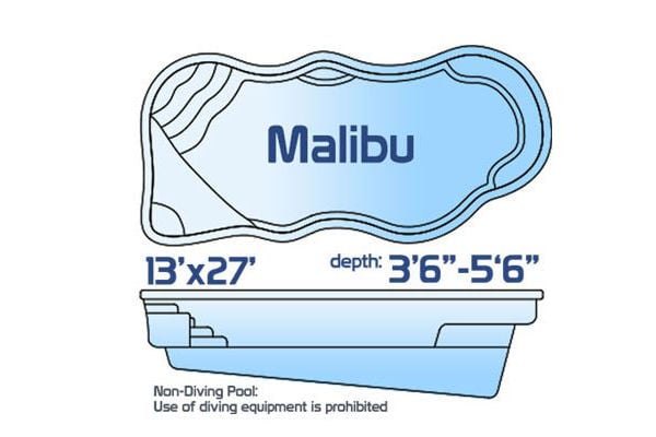 Malibu non-diving fiberglass natural-style pool measuring 13' x 27' with a depth ranging from 3'6" to 5'6", shown with a top-down layout and side profile.