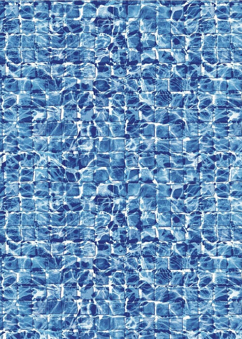 Close-up view of a vinyl pool liner pattern featuring a grid of square mosaic tiles in cobalt and royal blue, overlaid with bright white water-reflection ripples.