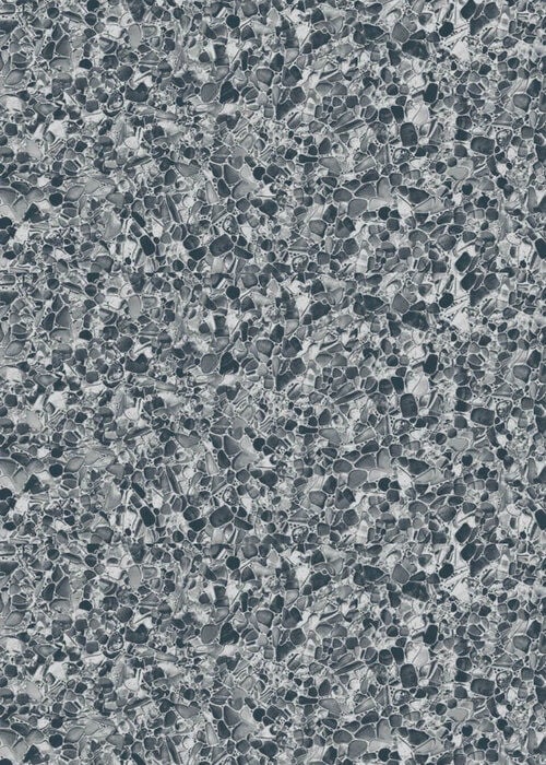 Close-up view of a vinyl pool liner pattern featuring a dense, textured pebble mosaic design in cool slate grey, charcoal, and light ash tones.