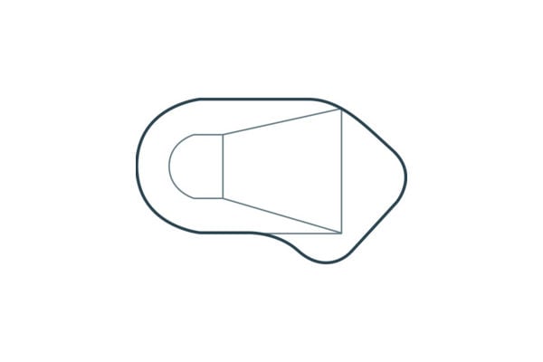 Top-down schematic diagram of an Oval-L steel wall vinyl liner pool featuring an oval shallow end that transitions into an angled Lazy-L deep end, complete with a step alcove and floor transition lines.