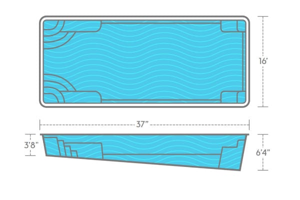 Diagram of a rectangular swimming pool with dimensions and a layered side view.