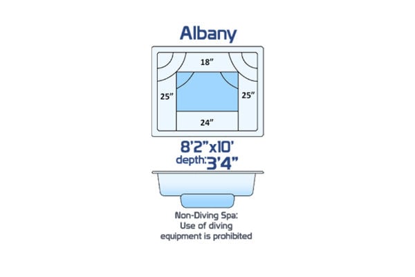 Albany non-diving fiberglass spa measuring 8'2" x 10' with a 3'4" depth, shown with a top-down layout and side profile illustrating bench seating.